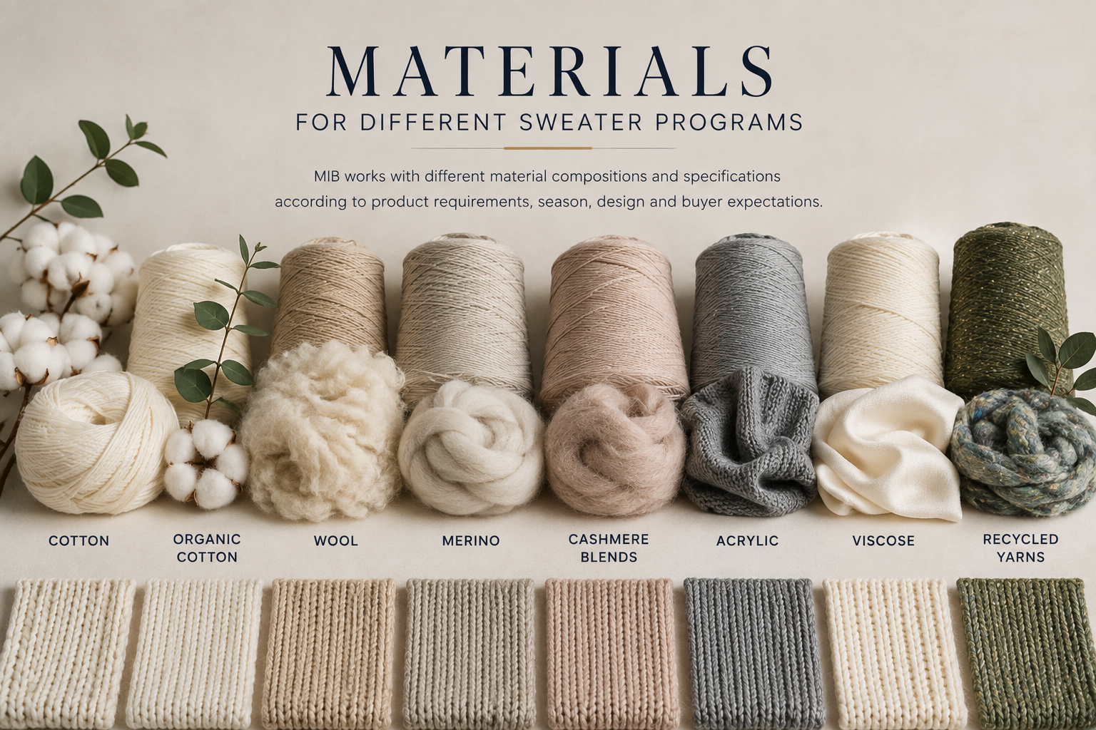 Yarn and knitted swatches across material compositions